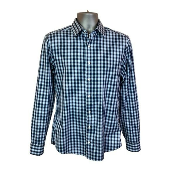 Ben Sherman Mens Blue & White Gingham Button-Up Shirt M 15-15.5 34-35 Long Sleev - Picture 1 of 8